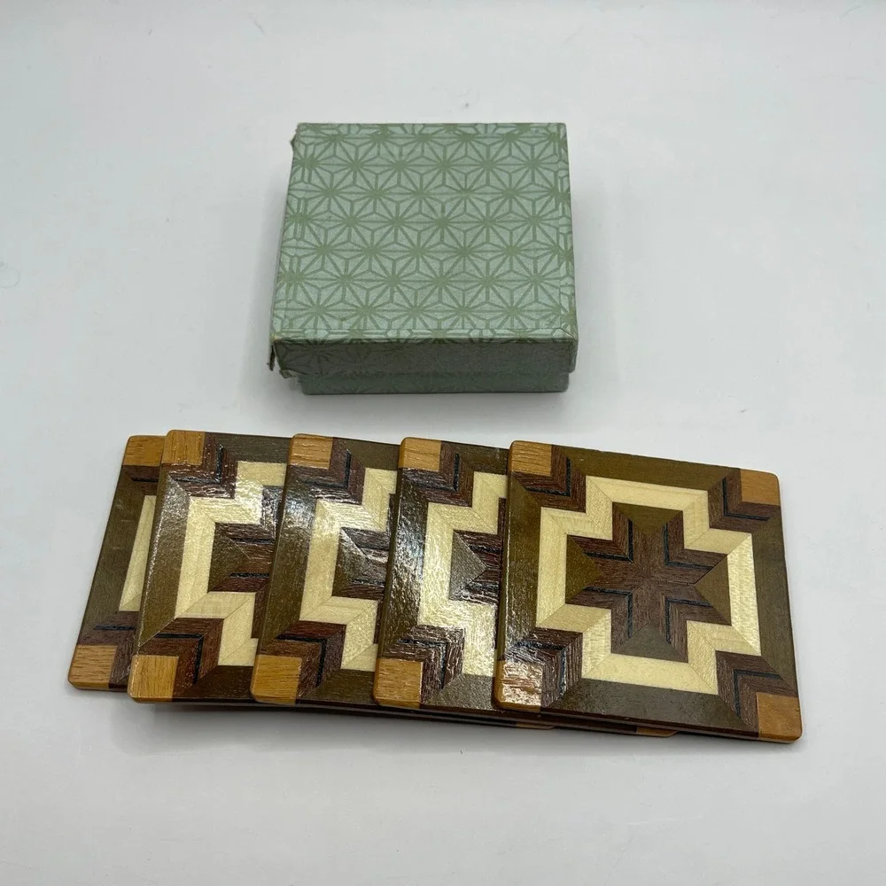 Vintage Wood Mosaic Coasters Set of 5 Star Pattern MCM Bar Parque 3X3 inches